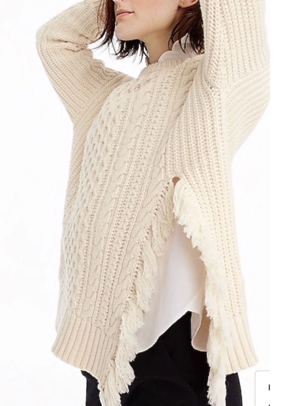 J Crew Women Cable Knit Sweater with Fringe Ivory Large Oversize Fisherman, M